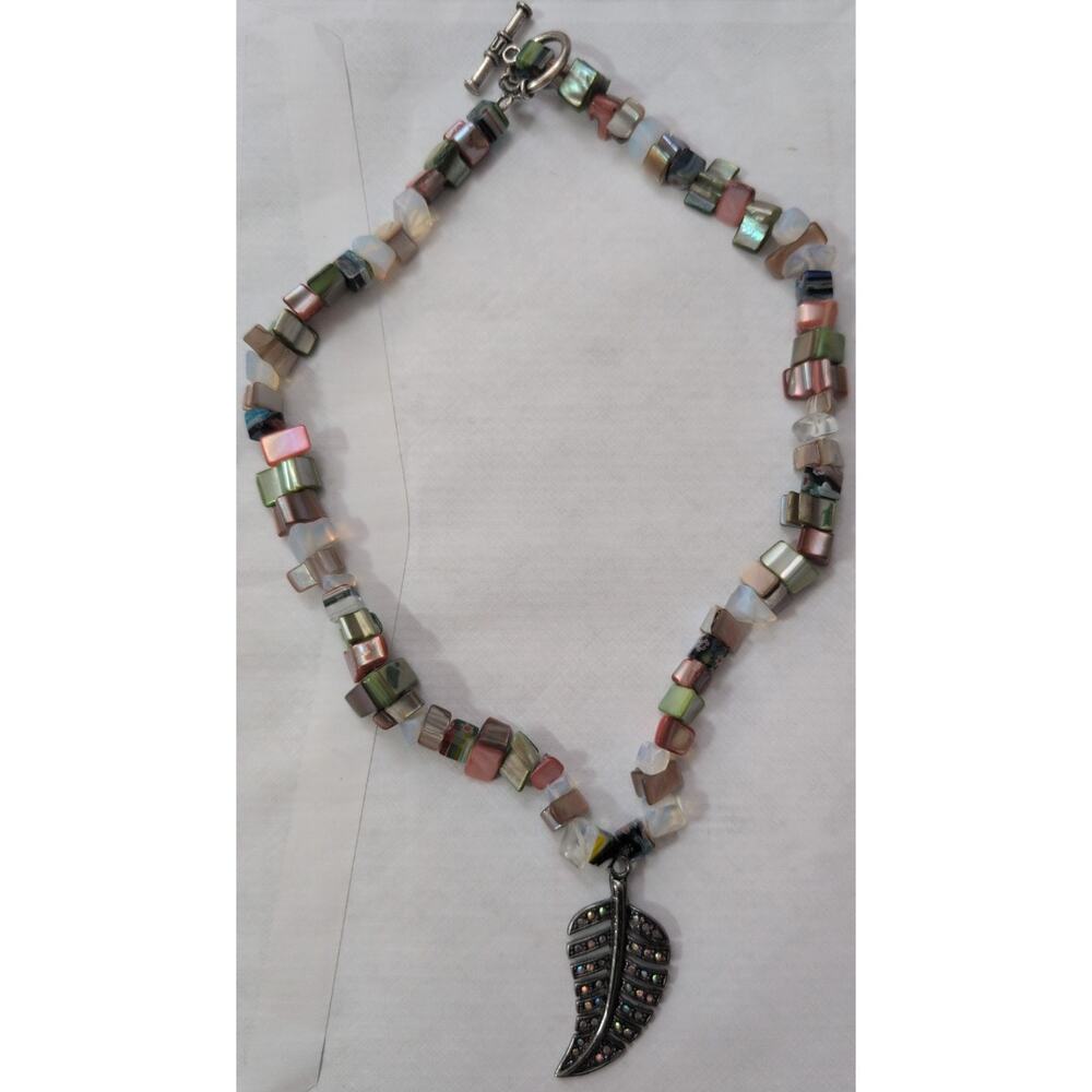 Boho Beaded Necklace Palm Leaf Pendant Crystal Accents 17" EUC Statement Jewelry